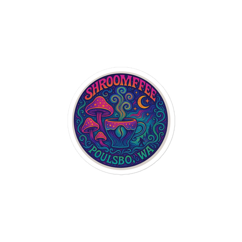 Colorful coaster with mushrooms and text on a white background