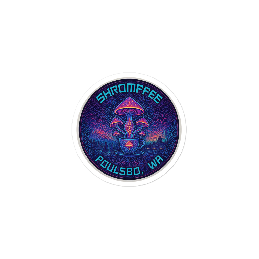 Sticker with 'Shroomffee' and 'Poulsbo, WA' text on a white background