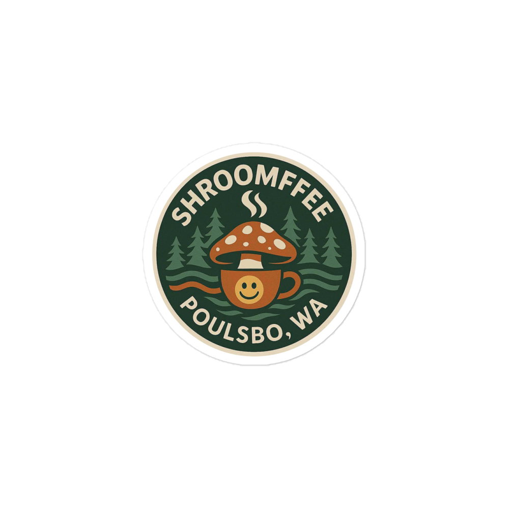 Round sticker with 'Shroomffee' branding featuring a mushroom and coffee cup design on a white background.