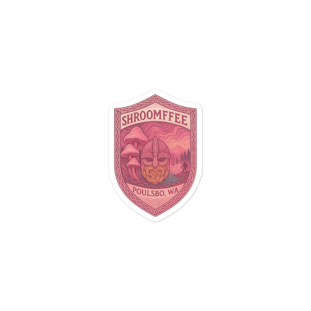 Sticker with 'Shroomffee' logo and text on a white background