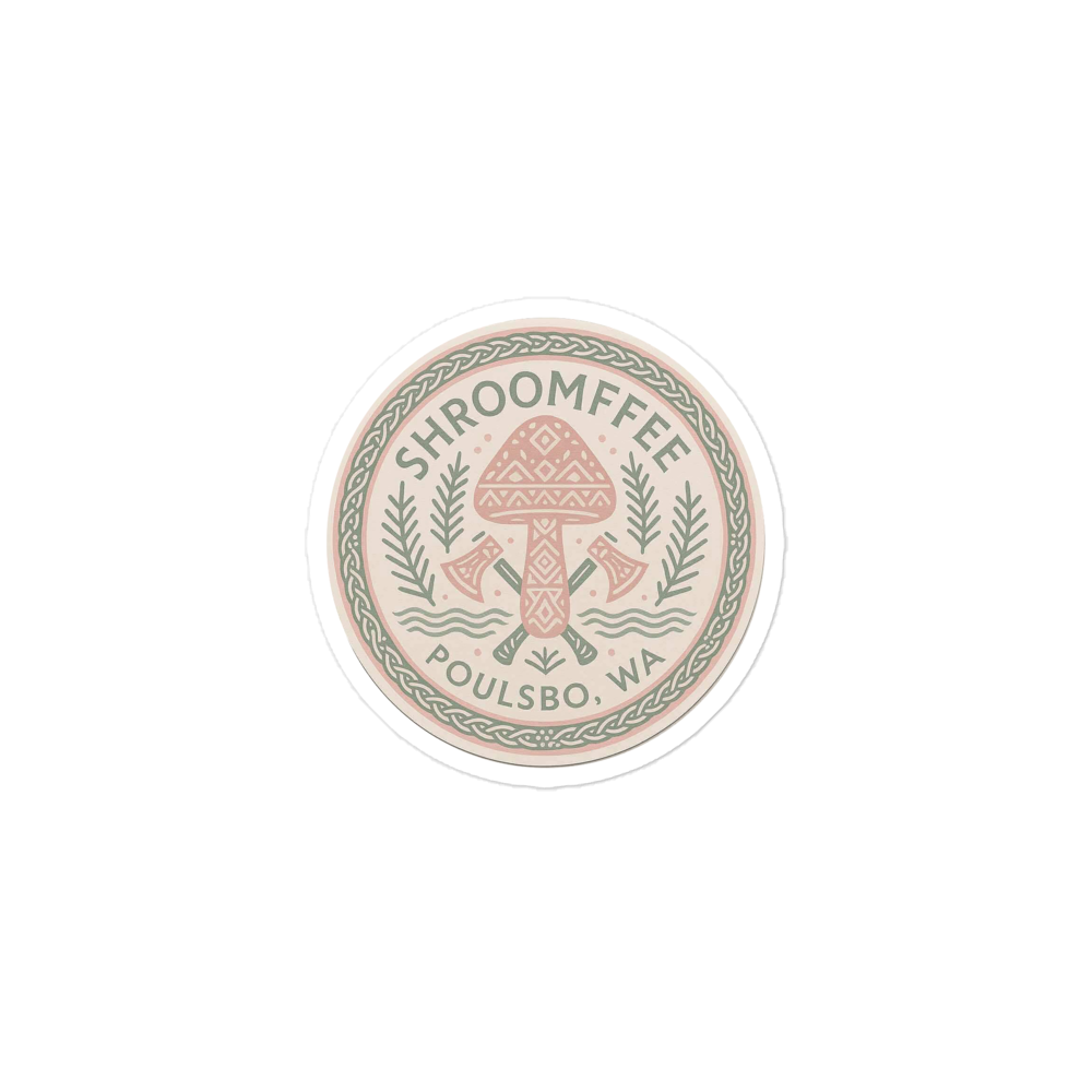 Round sticker with 'Shroomffee' logo and text on a white background