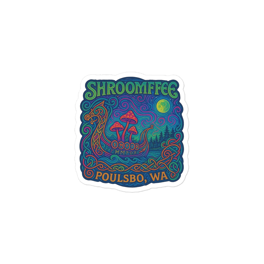 Colorful 'Shroomffee' sticker with mushrooms and nature elements on a white background