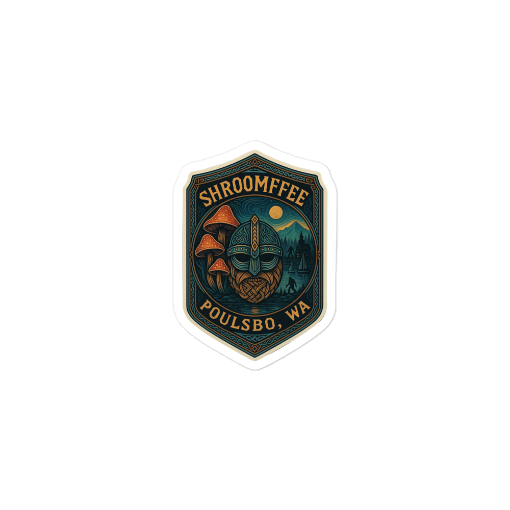 Sticker with 'Shroomffee' and 'Poulsbo, WA' text on a white background