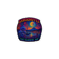Colorful 'SHROOMFEE' sticker with mushrooms and landscape design on a white background