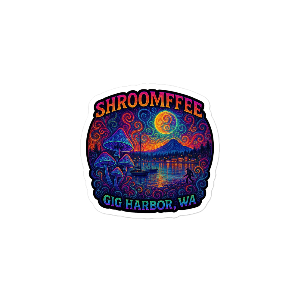 Colorful 'SHROOMFEE' sticker with mushrooms and landscape design on a white background