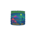 Sticker with 'SHROOMFEE' and 'Tacoma, WA' text, featuring mushrooms and a silhouette on a white background.