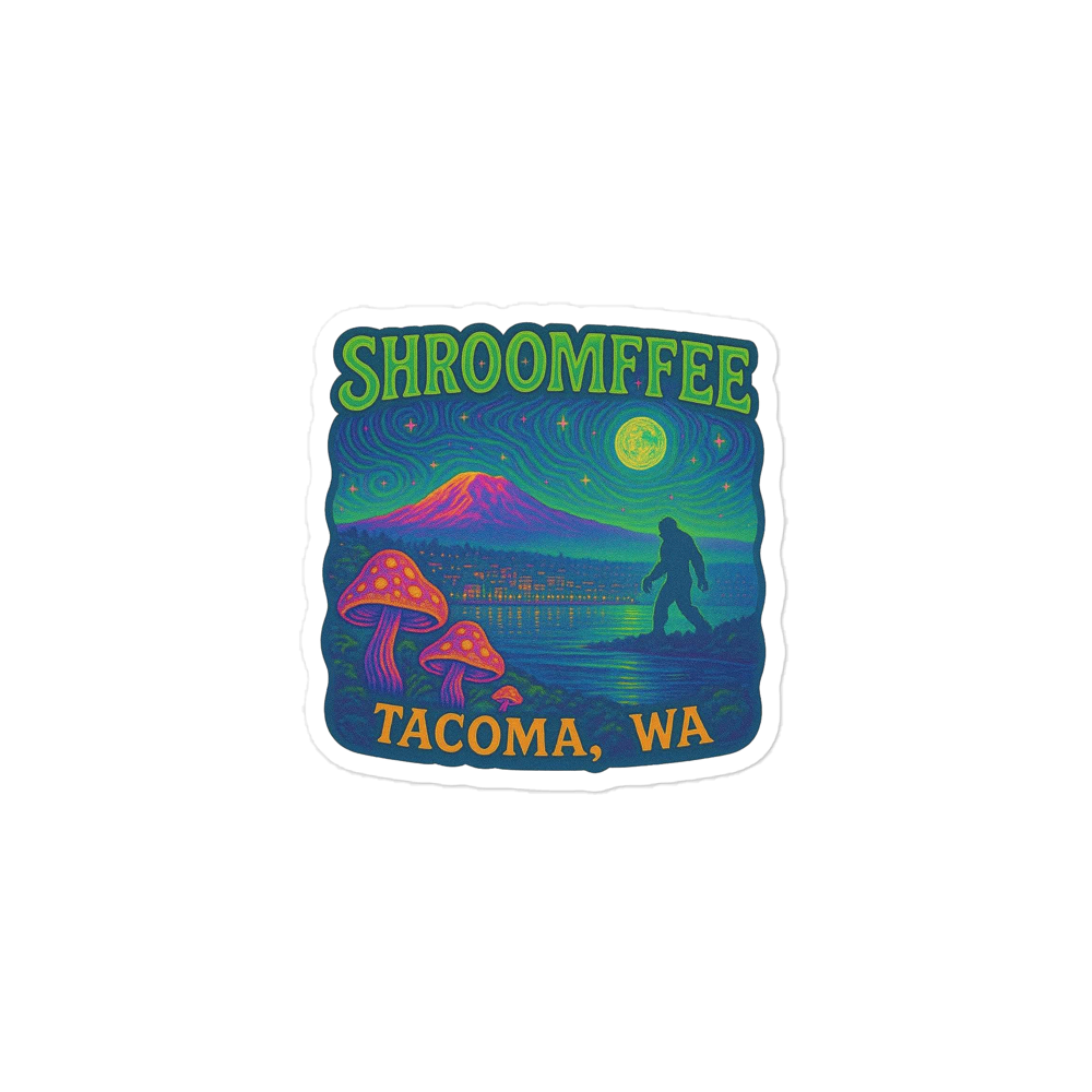 Sticker with 'SHROOMFEE' and 'Tacoma, WA' text, featuring mushrooms and a silhouette on a white background.
