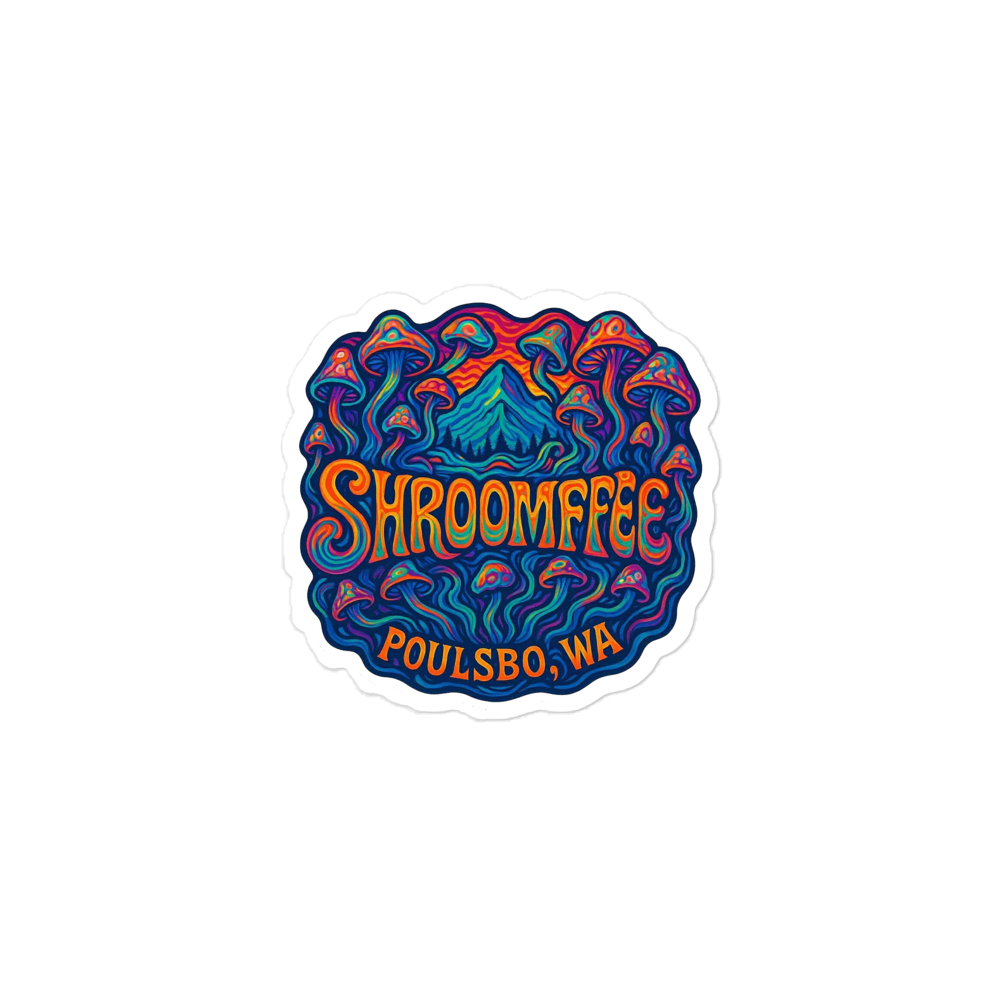 Colorful 'SHROOMFEE' logo with mushrooms on a white background
