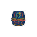 Sticker with 'Shroomffee' and 'Poulsbo, WA' text on a colorful design with mushrooms and a silhouette of a person.