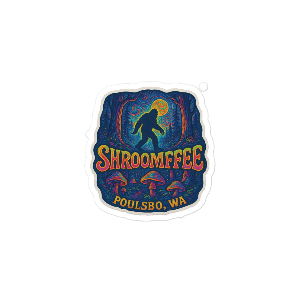 Sticker with 'Shroomffee' and 'Poulsbo, WA' text on a colorful design with mushrooms and a silhouette of a person.