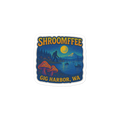 Sticker with 'Shroomffee' and 'Gig Harbor, WA' text, featuring mushrooms and a moonlit lake design.