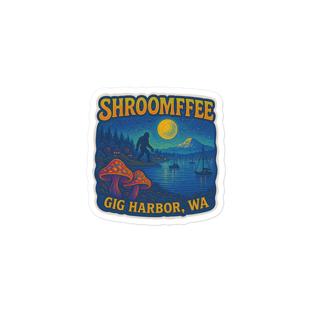 Sticker with 'Shroomffee' and 'Gig Harbor, WA' text, featuring mushrooms and a moonlit lake design.