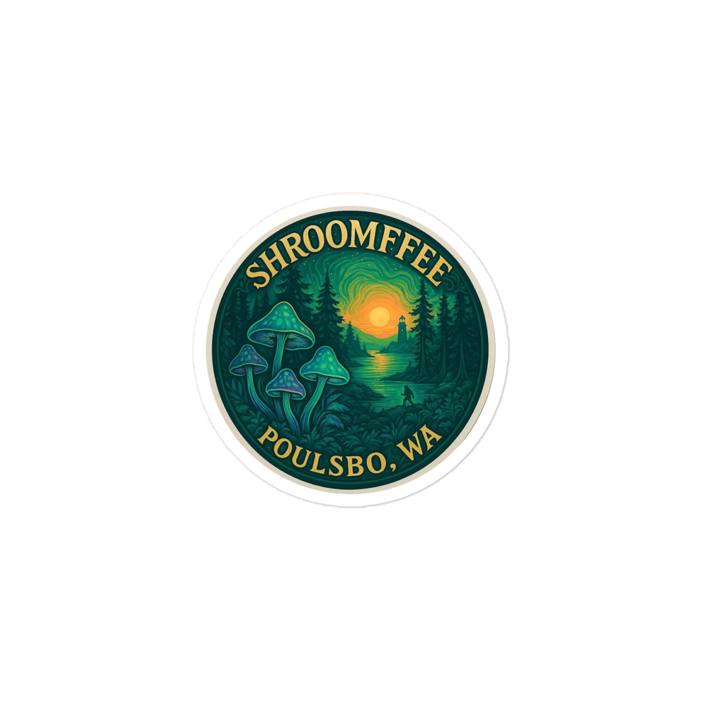 Sticker with 'Shroomffee' and 'Poulsbo, WA' text, featuring mushrooms and a forest design.