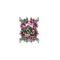 Sticker with a skull and floral design, featuring the brand 'shroomffee'.