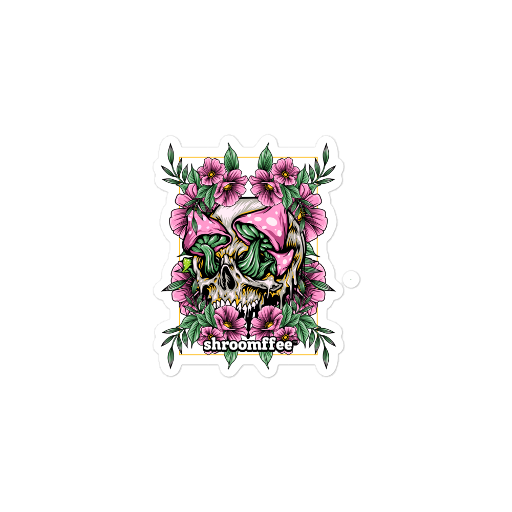 Sticker with a skull and floral design, featuring the brand 'shroomffee'.