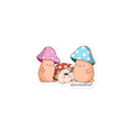 Cartoon mushrooms with colorful hats on a white background