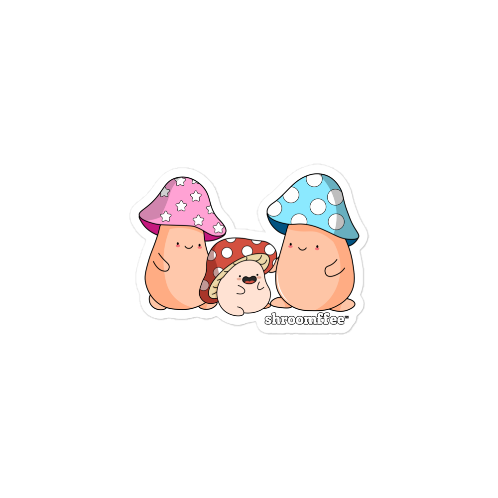 Cartoon mushrooms with colorful hats on a white background