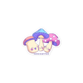Cartoonish mushroom design with a blue cap and pink spots on a white background