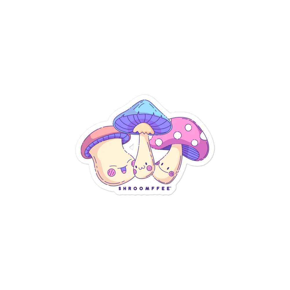 Cartoonish mushroom design with a blue cap and pink spots on a white background