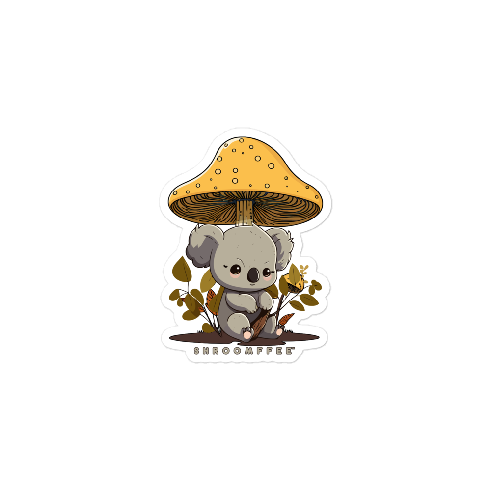Sticker of a koala under a yellow mushroom on a white background