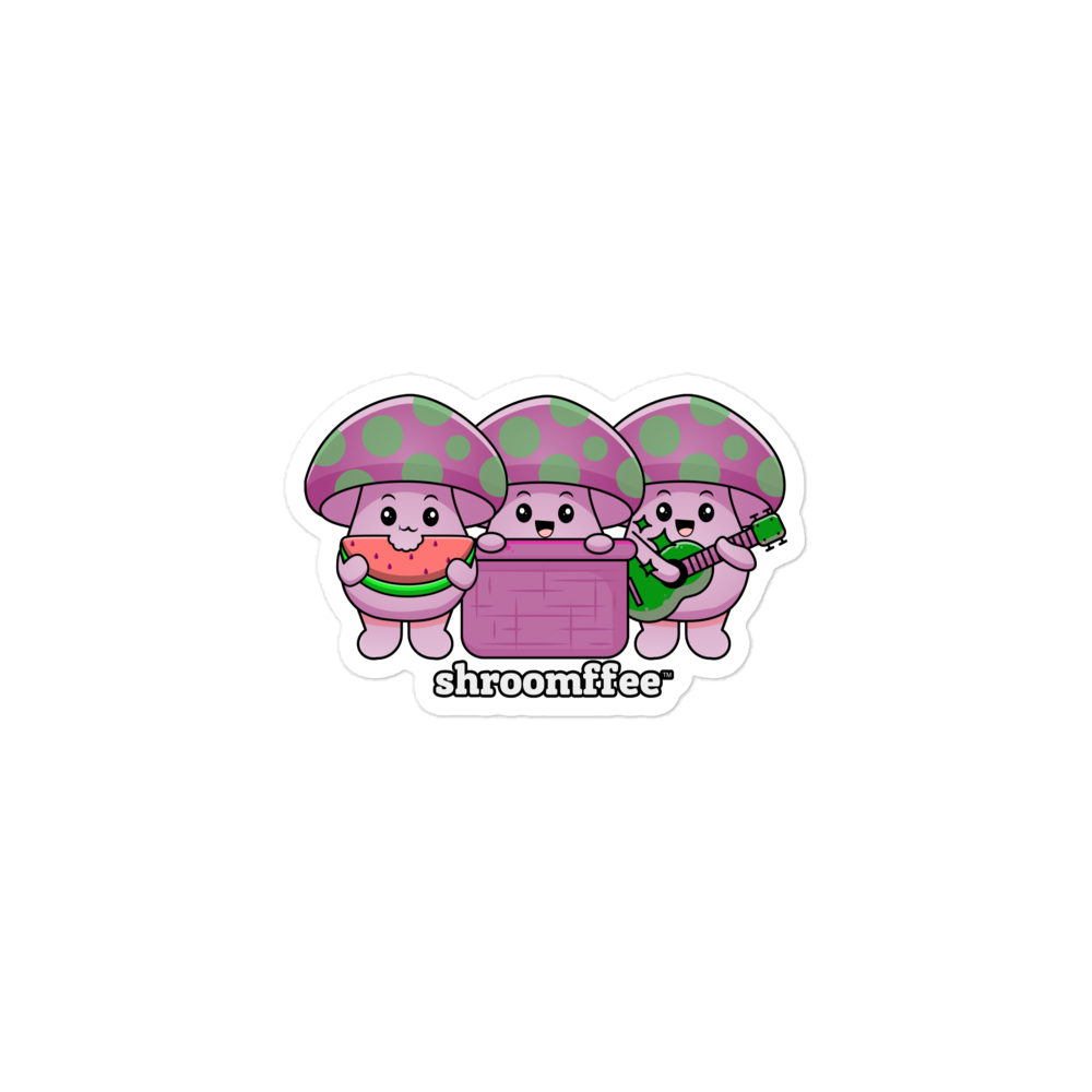 Cartoon characters with pink and green mushroom hats holding watermelons on a white background, with 'shroomffee' text.