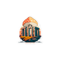 Illustration of mushroom columns with 'Shroomffee' branding on a white background