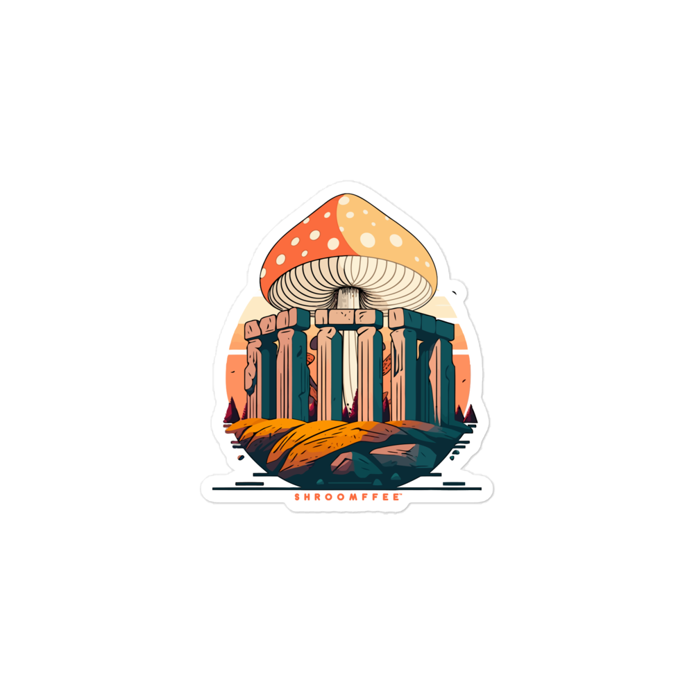 Illustration of mushroom columns with 'Shroomffee' branding on a white background