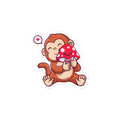 Cartoon monkey holding a red mushroom with white spots on a white background