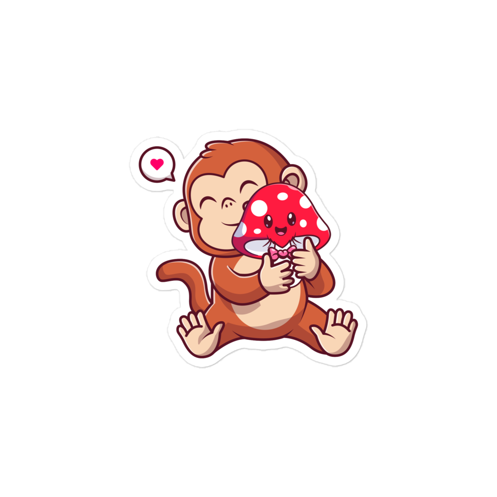 Cartoon monkey holding a red mushroom with white spots on a white background