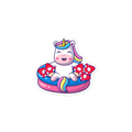 Cartoon unicorn with a colorful inner tube on a white background