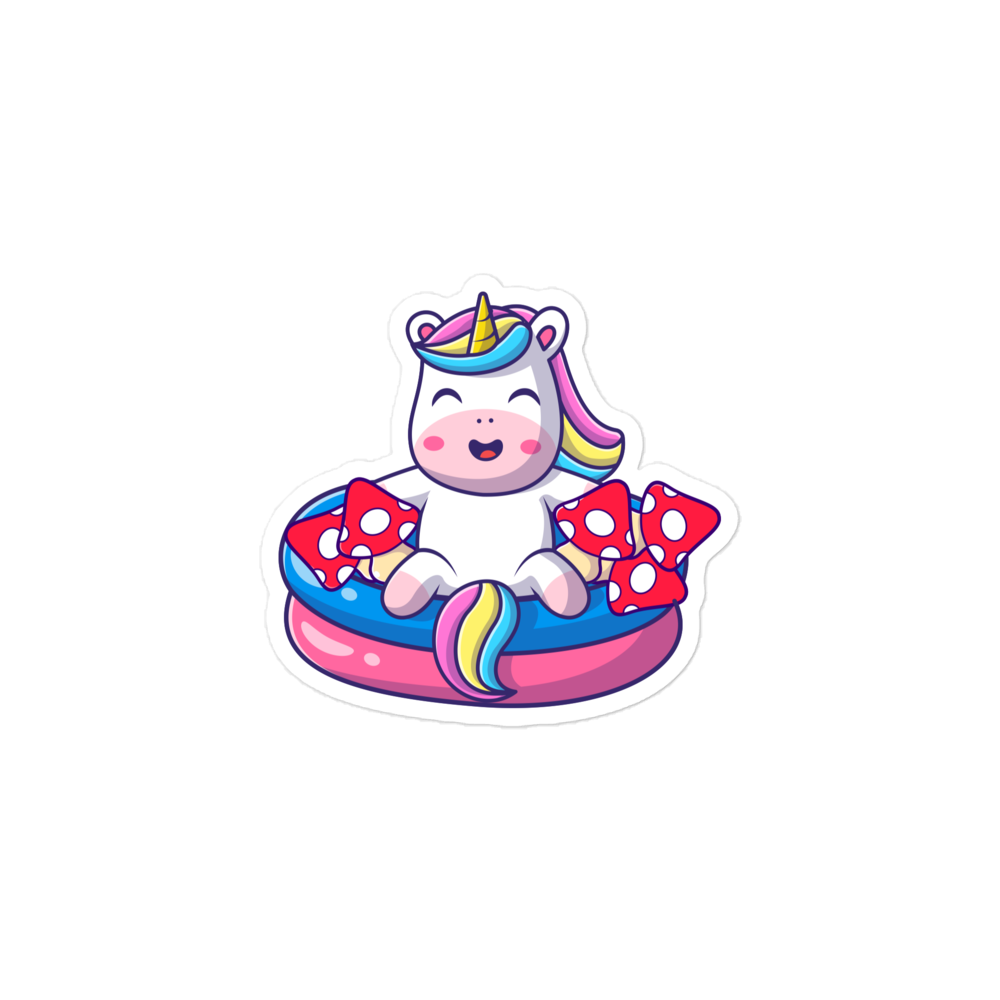 Cartoon unicorn with a colorful inner tube on a white background