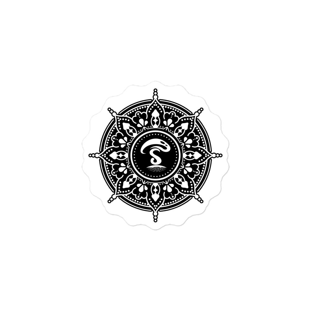 Decorative black and white emblem with intricate patterns on a white background