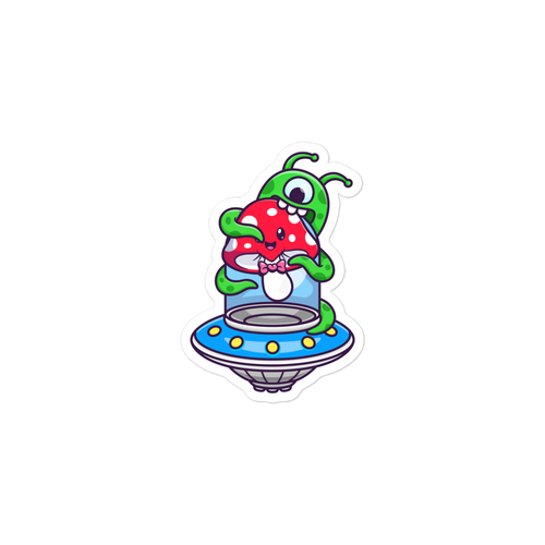 Cartoon alien character on a flying saucer with a white background