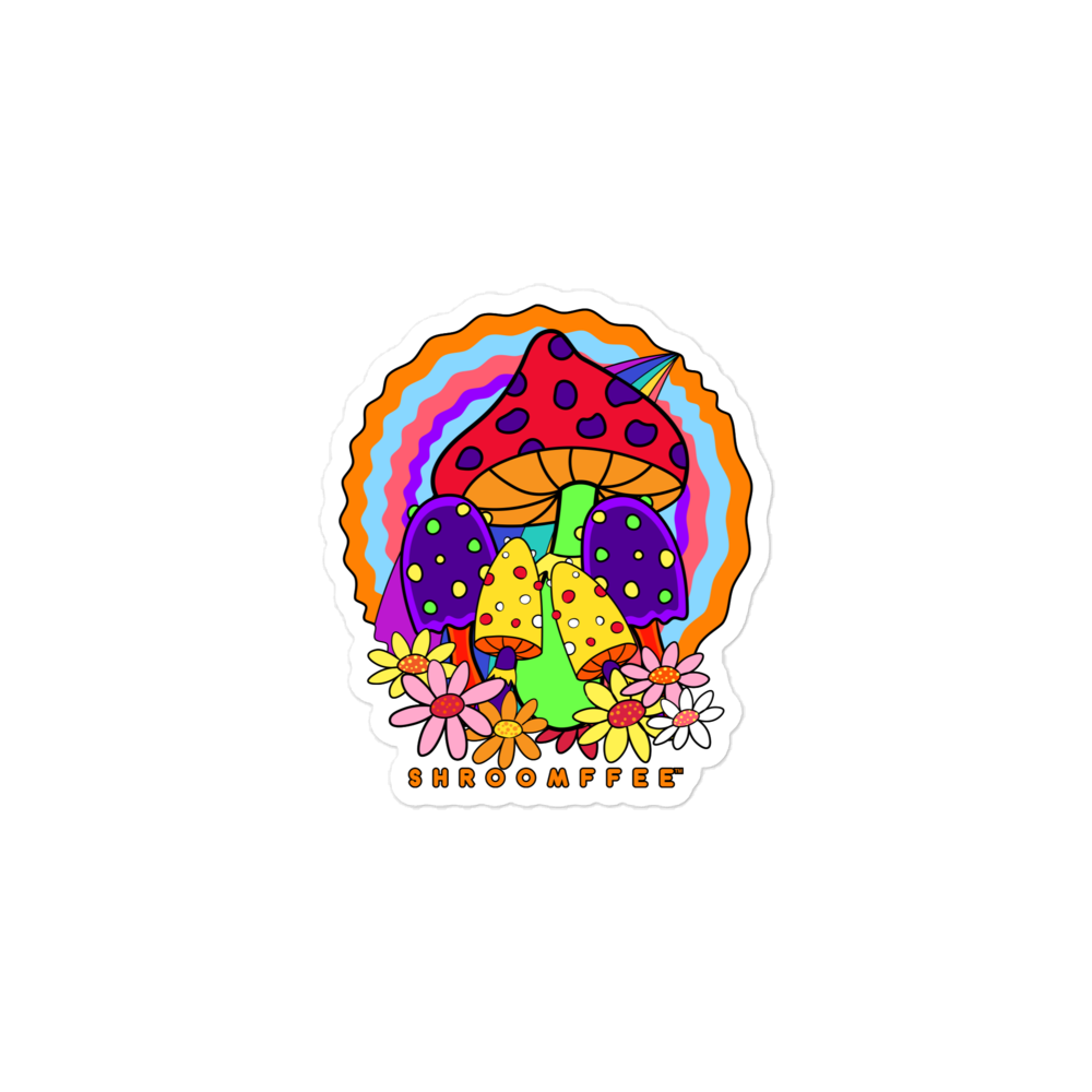 Colorful mushroom sticker with flowers and 'Shroomfie' text on a white background