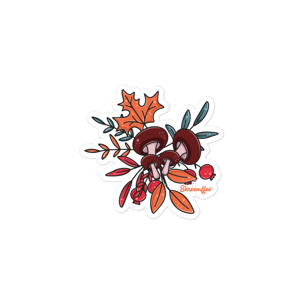 Illustration of mushrooms and leaves with a brand name on a white background