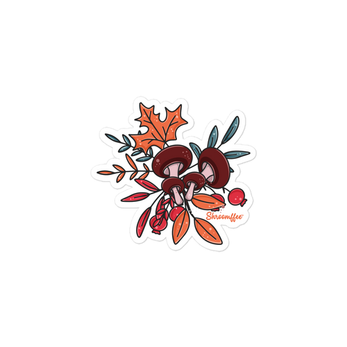 Illustration of mushrooms and leaves with a brand name on a white background