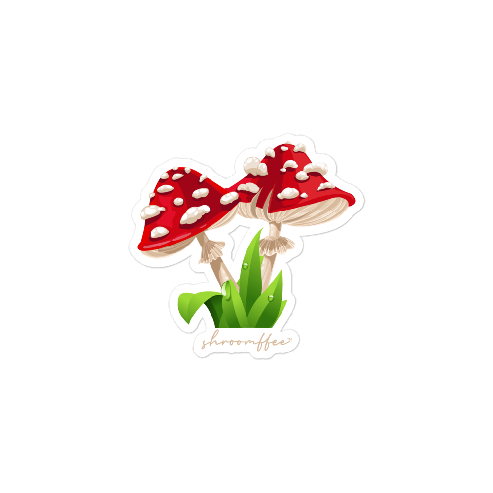 Sticker of red mushrooms with white spots on a white background