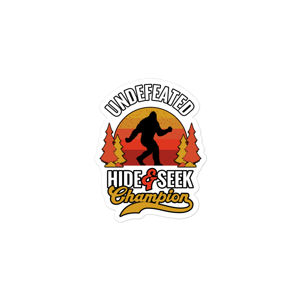 Sticker with 'Undefeated Hide & Seek Champion' text and silhouette of a person running, set against a sunset with trees.