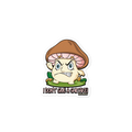 Cartoon mushroom character with an angry expression and text 'I don't give a shit-take!' on a white background.