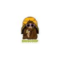 Cartoon character with sunglasses holding ice cream, with 'BIGSCOOP' text below on a white background