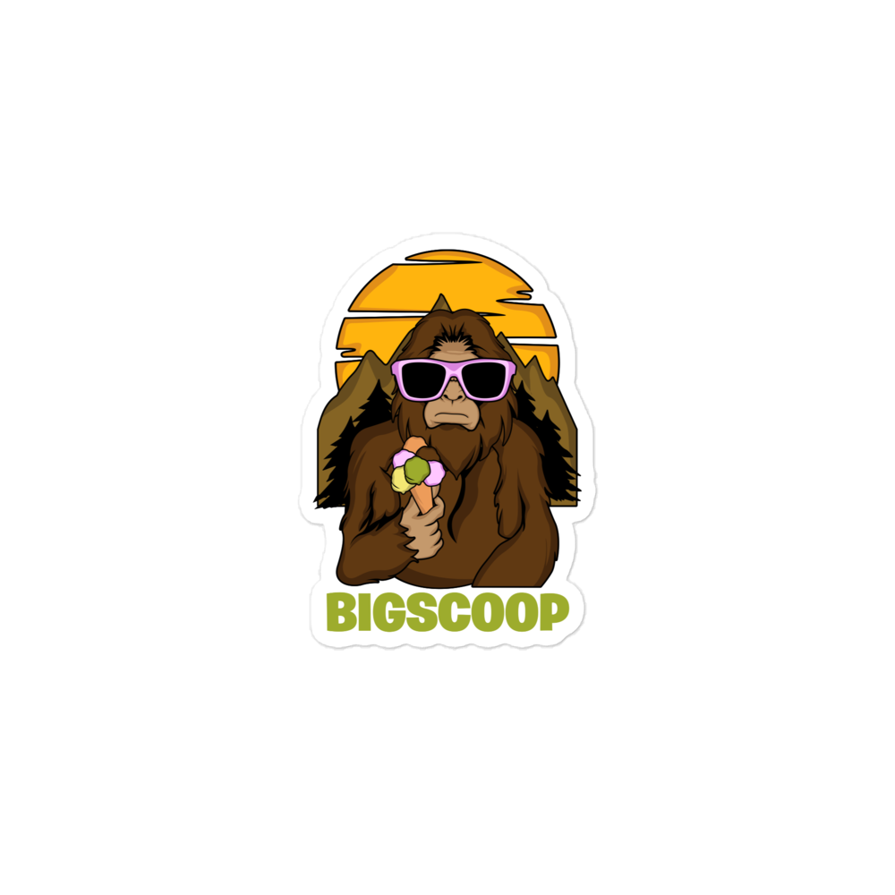 Cartoon character with sunglasses holding ice cream, with 'BIGSCOOP' text below on a white background