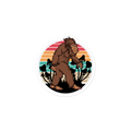 Illustration of a Sasquatch in a retro-style circle with colorful stripes on a white background