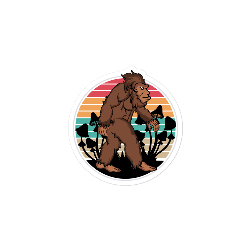 Illustration of a Sasquatch in a retro-style circle with colorful stripes on a white background