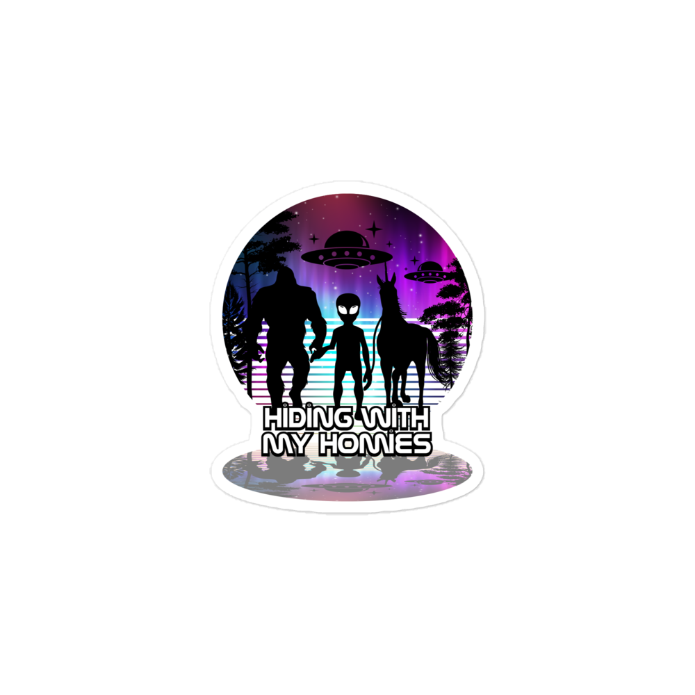 Holographic sticker with alien and humanoid figures and text 'Hiding with My Homes' on a white background