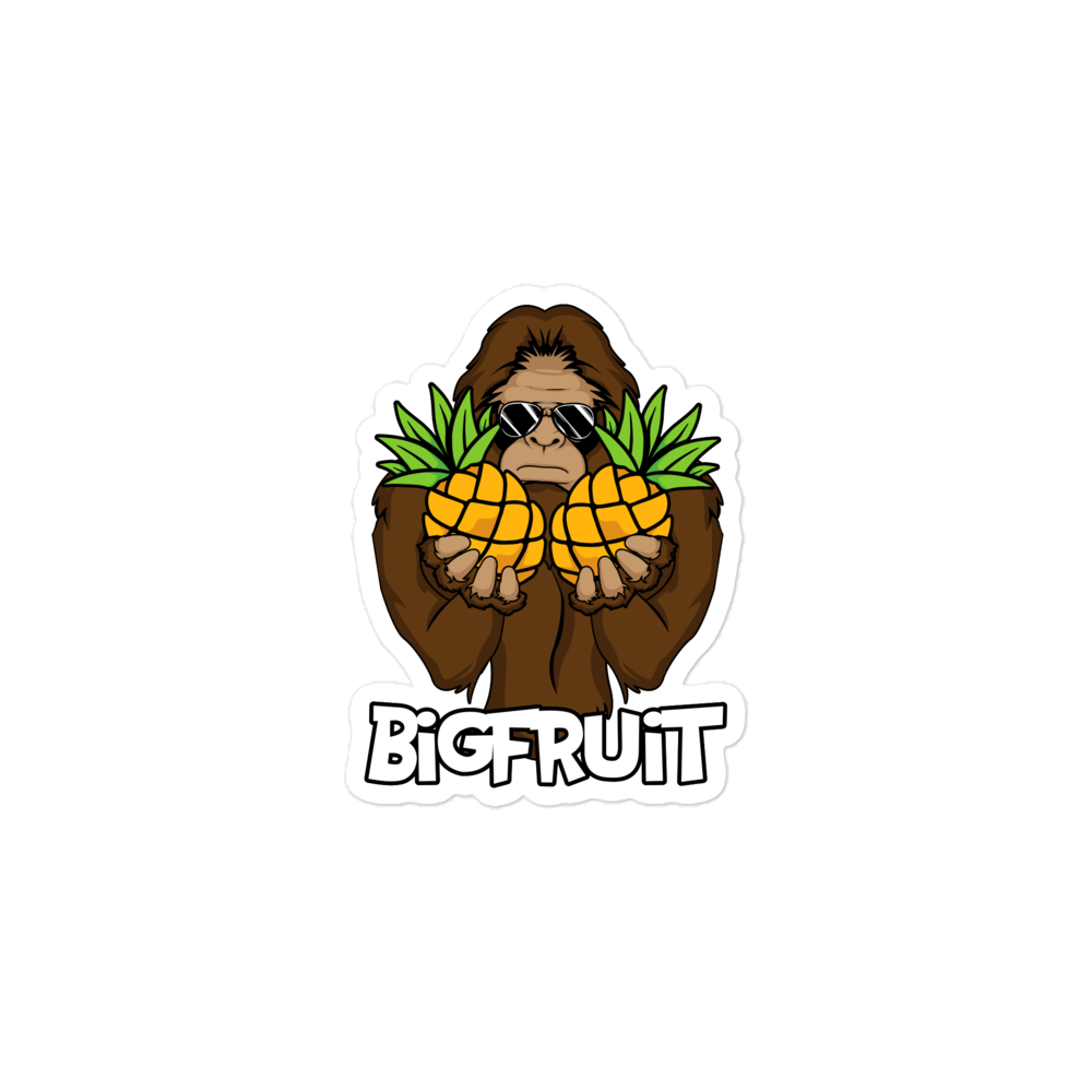 Sticker of a monkey holding pineapples with 'BIGFRUIT' text on a white background