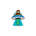 Sticker with cartoon character in a UFO projecting an alien, on a white background