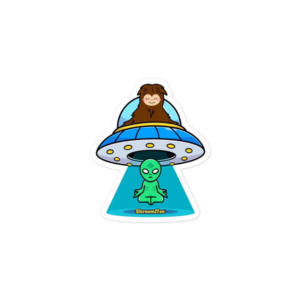 Sticker with cartoon character in a UFO projecting an alien, on a white background