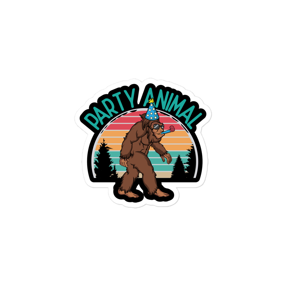 Sticker with a cartoon bear wearing a party hat and 'Party Animal' text against a colorful sunset background.