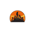 Sticker with a silhouette of a bigfoot in a forest at sunset, featuring the brand 'Shroomfee'.