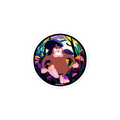 Circular sticker with cartoon character in a jungle setting on a white background